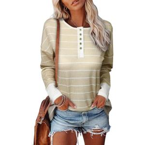 imageEVALESS Long Sleeve Tops for Women Trendy Striped Button Up Tunic Shirts Loose Fit Sexy Henley Tee BlousesR Apricot