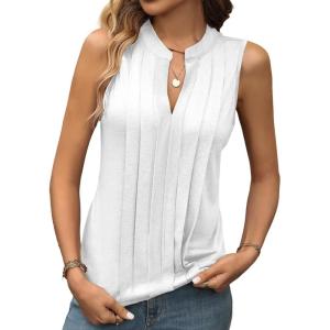 imageEVALESS Sleeveless Shirts for Womens Fashion 2025 Basic Tank Tops Pleated Drape Dressy Tops Summer Clothes Teacher OutfitsWhite