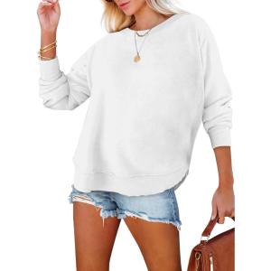 imageEVALESS Sweatshirt for Women Crewneck Long Sleeve Side Split Tops Casual Solid Color Loose Pullover Shirts 2025 Clothes1b White