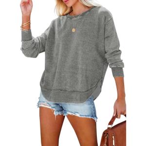 imageEVALESS Sweatshirt for Women Crewneck Long Sleeve Side Split Tops Casual Solid Color Loose Pullover Shirts 2025 ClothesA Gray