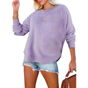 imageEVALESS Sweatshirt for Women Crewneck Long Sleeve Side Split Tops Casual Solid Color Loose Pullover Shirts 2025 ClothesB Purple