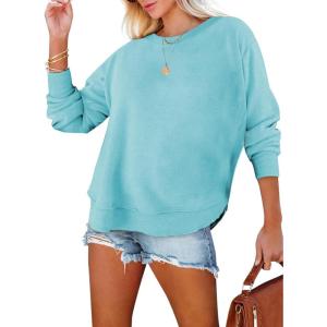 imageEVALESS Sweatshirt for Women Crewneck Long Sleeve Side Split Tops Casual Solid Color Loose Pullover Shirts 2025 ClothesB Sky Blue