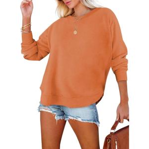 imageEVALESS Sweatshirt for Women Crewneck Long Sleeve Side Split Tops Casual Solid Color Loose Pullover Shirts 2025 ClothesD Orange