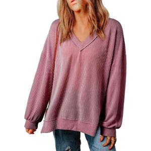 imageEVALESS V Neck Long Sleeve Shirts for Women Oversized Loose Casual TextuDark Purple Knit Drop Sleeve Tops Dark Purple Large