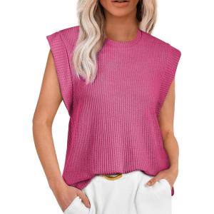 imageEVALESS Waffle Knit Tops for Women Summer Oversized Crew Neck Short Cap Sleeve Shirt Top