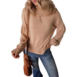 imageEVALESS Womens Fall Tops Cute Lantern Sleeve Shirts Basic Crewneck Blouses for Women Dressy Casual Outfits Trendy 2024Khaki