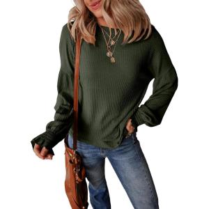imageEVALESS Womens Fall Tops Cute Lantern Sleeve Shirts Basic Crewneck Blouses for Women Dressy Casual Outfits Trendy 2024Moss Green