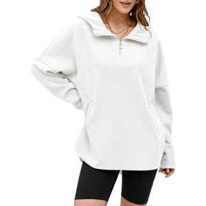 imageEVALESS Womens Oversized Hoodies Casual Long Sleeve Half Zipper Pocket Sweatshirt Pullover TopsA White