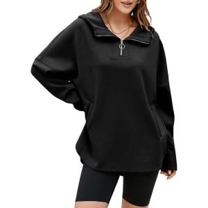 imageEVALESS Womens Oversized Hoodies Casual Long Sleeve Half Zipper Pocket Sweatshirt Pullover TopsBlack