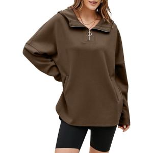 imageEVALESS Womens Oversized Hoodies Casual Long Sleeve Half Zipper Pocket Sweatshirt Pullover TopsDark Brown