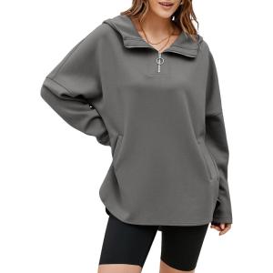 imageEVALESS Womens Oversized Hoodies Casual Long Sleeve Half Zipper Pocket Sweatshirt Pullover TopsDark Gray