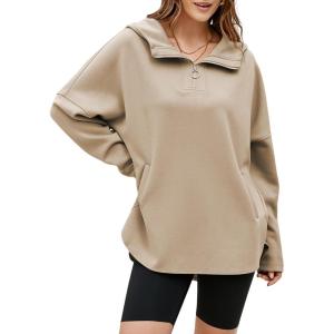 imageEVALESS Womens Oversized Hoodies Casual Long Sleeve Half Zipper Pocket Sweatshirt Pullover TopsKhaki
