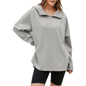 imageEVALESS Womens Oversized Hoodies Casual Long Sleeve Half Zipper Pocket Sweatshirt Pullover TopsLight Gray