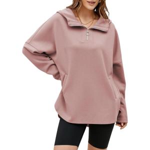 imageEVALESS Womens Oversized Hoodies Casual Long Sleeve Half Zipper Pocket Sweatshirt Pullover TopsLight Pink