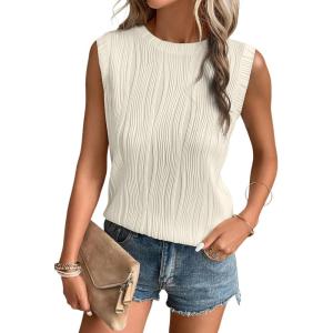 imageEVALESS Womens Spring Summer Tank Tops Wavy Textured Office Work Business Dressy Casual Crewneck Sleeveless Top Shirts for Ladies Beige Large