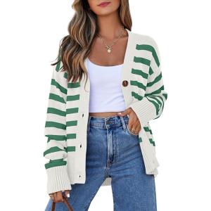 imageEVALESS Womens Striped Cardigan Sweaters Long Sleeve V Neck Lightweight Open Front Button Down Knit Cardigans00 Green Stripe
