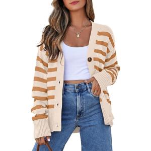 imageEVALESS Womens Striped Cardigan Sweaters Long Sleeve V Neck Lightweight Open Front Button Down Knit CardigansApricot Stripe