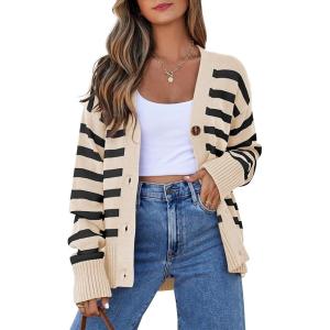 imageEVALESS Womens Striped Cardigan Sweaters Long Sleeve V Neck Lightweight Open Front Button Down Knit CardigansBeige Stripe