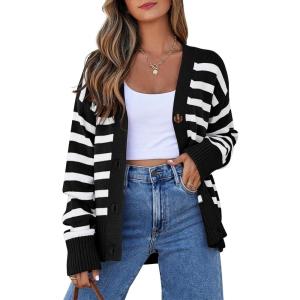 imageEVALESS Womens Striped Cardigan Sweaters Long Sleeve V Neck Lightweight Open Front Button Down Knit CardigansBlack Stripe