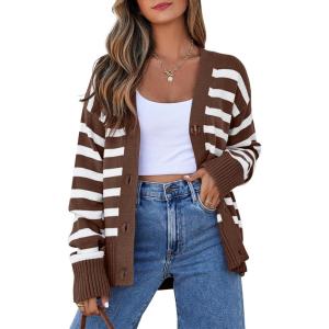 imageEVALESS Womens Striped Cardigan Sweaters Long Sleeve V Neck Lightweight Open Front Button Down Knit CardigansBrown Stripe