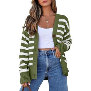 imageEVALESS Womens Striped Cardigan Sweaters Long Sleeve V Neck Lightweight Open Front Button Down Knit CardigansDark Green Stripe