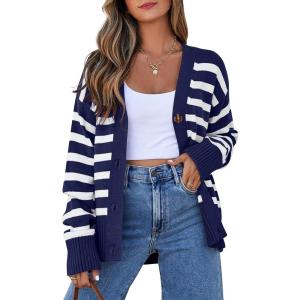 imageEVALESS Womens Striped Cardigan Sweaters Long Sleeve V Neck Lightweight Open Front Button Down Knit CardigansNavy Blue Stripe