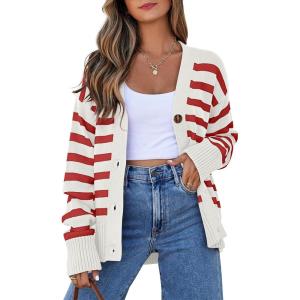 imageEVALESS Womens Striped Cardigan Sweaters Long Sleeve V Neck Lightweight Open Front Button Down Knit CardigansRed Stripe