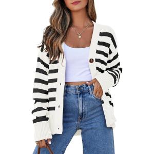 imageEVALESS Womens Striped Cardigan Sweaters Long Sleeve V Neck Lightweight Open Front Button Down Knit CardigansWhite Stripe