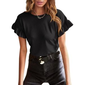 imageEVALESS Womens Summer Casual Short Sleeve Tops Ruffle Basic T Shirts Round Neck Solid Knit Loose Fit Tee BlousesBlack