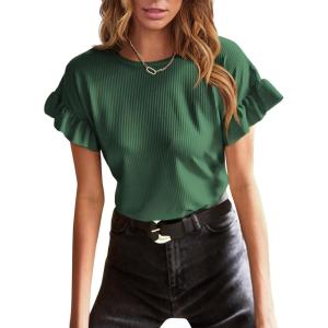 imageEVALESS Womens Summer Casual Short Sleeve Tops Ruffle Basic T Shirts Round Neck Solid Knit Loose Fit Tee BlousesBlackish Green
