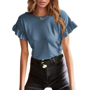 imageEVALESS Womens Summer Casual Short Sleeve Tops Ruffle Basic T Shirts Round Neck Solid Knit Loose Fit Tee BlousesBlue