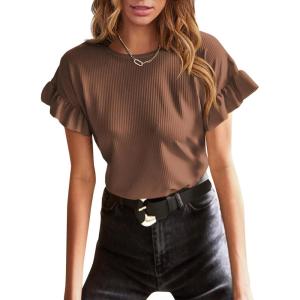 imageEVALESS Womens Summer Casual Short Sleeve Tops Ruffle Basic T Shirts Round Neck Solid Knit Loose Fit Tee BlousesCoffee