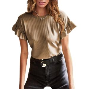 imageEVALESS Womens Summer Casual Short Sleeve Tops Ruffle Basic T Shirts Round Neck Solid Knit Loose Fit Tee BlousesLight Brown