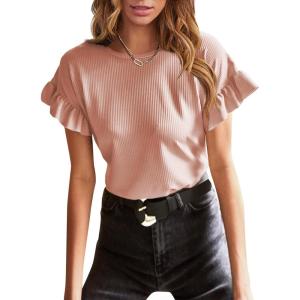 imageEVALESS Womens Summer Casual Short Sleeve Tops Ruffle Basic T Shirts Round Neck Solid Knit Loose Fit Tee BlousesPink