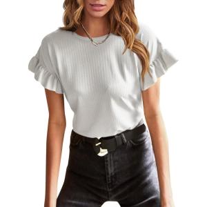 imageEVALESS Womens Summer Casual Short Sleeve Tops Ruffle Basic T Shirts Round Neck Solid Knit Loose Fit Tee BlousesWhite