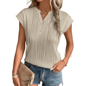 imageEVALESS Womens Summer Short Sleeve Textured Tops Trendy V Neck Cap Sleeve Solid Loose Dressy Casual Basic T Shirts BlousesApricot