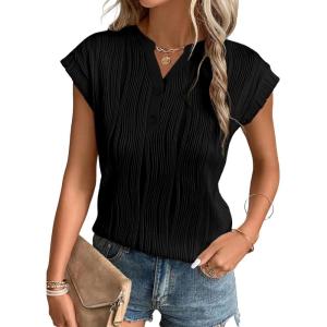 imageEVALESS Womens Summer Short Sleeve Textured Tops Trendy V Neck Cap Sleeve Solid Loose Dressy Casual Basic T Shirts BlousesBlack
