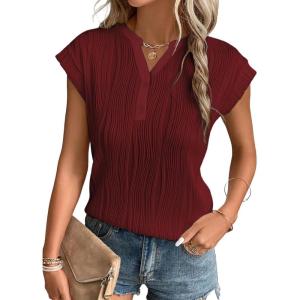 imageEVALESS Womens Summer Short Sleeve Textured Tops Trendy V Neck Cap Sleeve Solid Loose Dressy Casual Basic T Shirts BlousesBurgundy