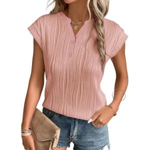 imageEVALESS Womens Summer Short Sleeve Textured Tops Trendy V Neck Cap Sleeve Solid Loose Dressy Casual Basic T Shirts BlousesPink