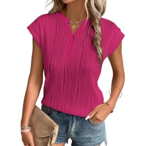 imageEVALESS Womens Summer Short Sleeve Textured Tops Trendy V Neck Cap Sleeve Solid Loose Dressy Casual Basic T Shirts BlousesRose Red