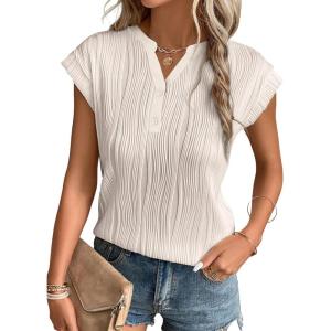 imageEVALESS Womens Summer Short Sleeve Textured Tops Trendy V Neck Cap Sleeve Solid Loose Dressy Casual Basic T Shirts BlousesWhite