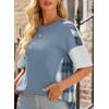 imageEVALESS Waffle Knit Tops for Women Trendy Crewneck Short Sleeve Shirts 2025 Summer Color Block T Shirts Loose Tee Tunic TopsBlue