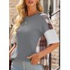 imageEVALESS Waffle Knit Tops for Women Trendy Crewneck Short Sleeve Shirts 2025 Summer Color Block T Shirts Loose Tee Tunic TopsGrey