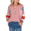 imageEVALESS 34 Length Sleeve Womens Tops Dressy Casual 2025 Fall Crew Neck Oversized Striped Patchwork Shirts BlouseFiery Red