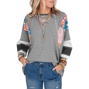 imageEVALESS 34 Length Sleeve Womens Tops Dressy Casual 2025 Fall Crew Neck Oversized Striped Patchwork Shirts BlouseBlack