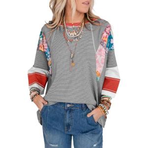 imageEVALESS 34 Length Sleeve Womens Tops Dressy Casual 2025 Fall Crew Neck Oversized Striped Patchwork Shirts BlouseBlack Stripe