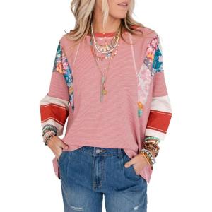 imageEVALESS 34 Length Sleeve Womens Tops Dressy Casual 2025 Fall Crew Neck Oversized Striped Patchwork Shirts BlouseFiery Red