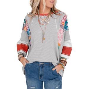 imageEVALESS 34 Length Sleeve Womens Tops Dressy Casual 2025 Fall Crew Neck Oversized Striped Patchwork Shirts BlouseGray Stripe