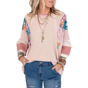 imageEVALESS 34 Length Sleeve Womens Tops Dressy Casual 2025 Fall Crew Neck Oversized Striped Patchwork Shirts BlousePink