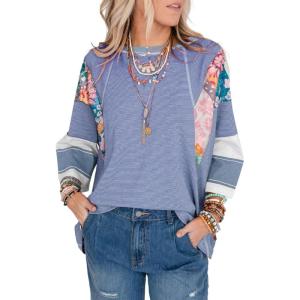 imageEVALESS 34 Length Sleeve Womens Tops Dressy Casual 2025 Fall Crew Neck Oversized Striped Patchwork Shirts BlouseSky Blue